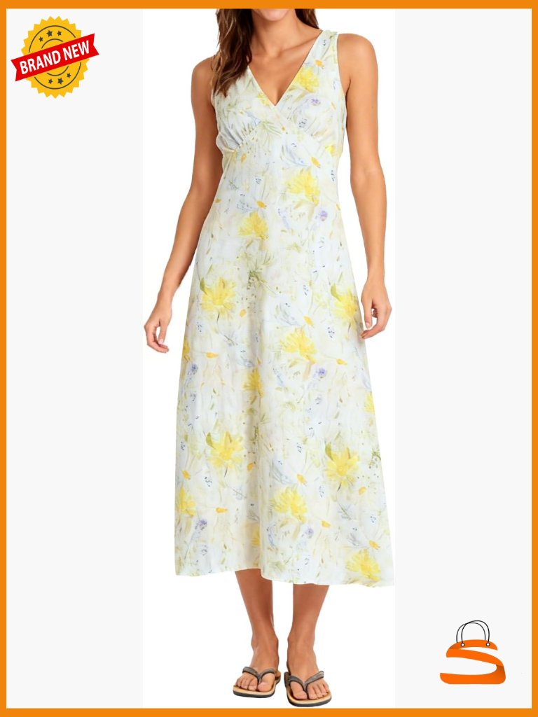 Women's Linen Sleeveless V-Neck A-Line Midi Summer Dress